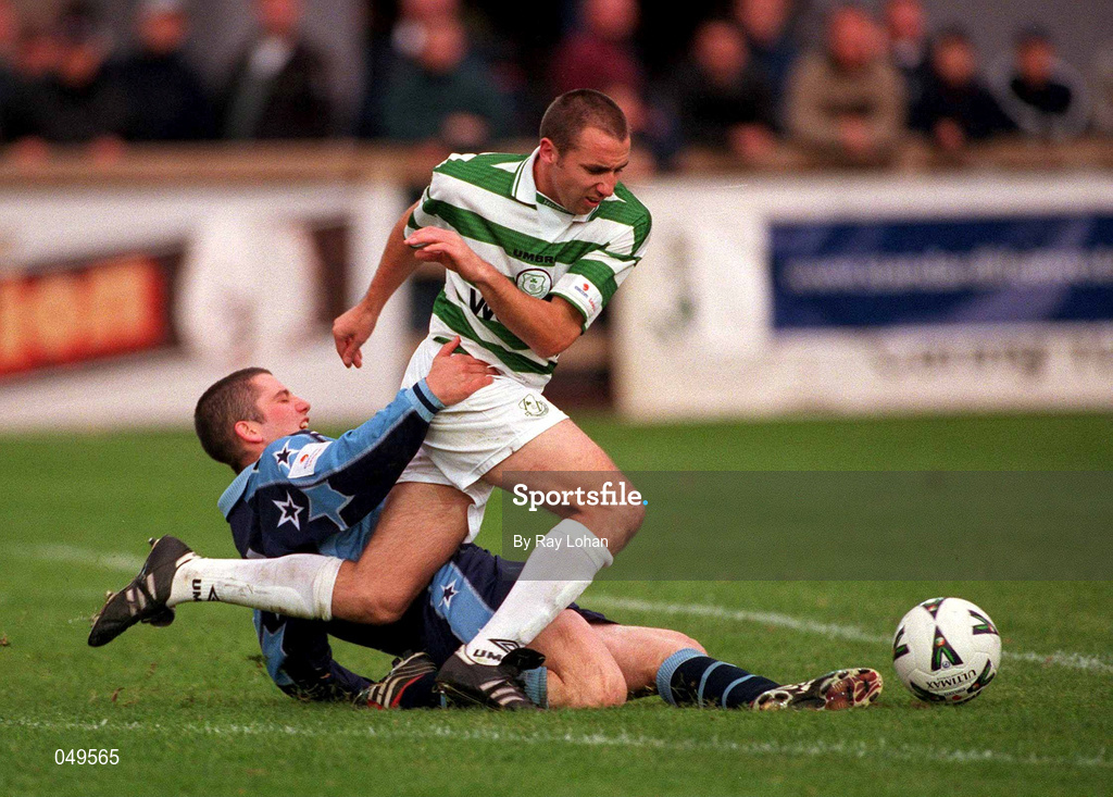 22 October 2000; Tony Grant of Shamrock Rovers in action against Robert McAuley of UCD during the Eircom League Premier Division match between UCD and Shamrock Rovers at Belfield Park in Dublin. Photo by Ray Lohan/Sportsfile
