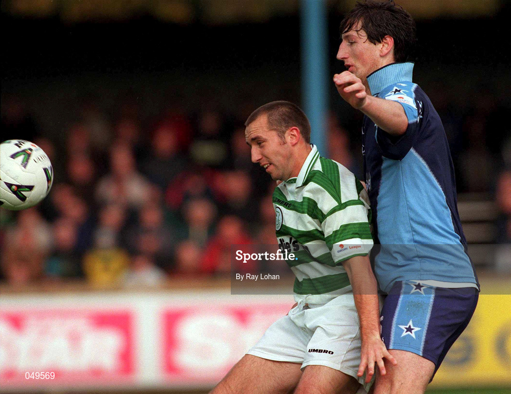 22 October 2000; Tony Grant of Shamrock Rovers in action against Clive Delaney of UCD during the Eircom League Premier Division match between UCD and Shamrock Rovers at Belfield Park in Dublin. Photo by Ray Lohan/Sportsfile