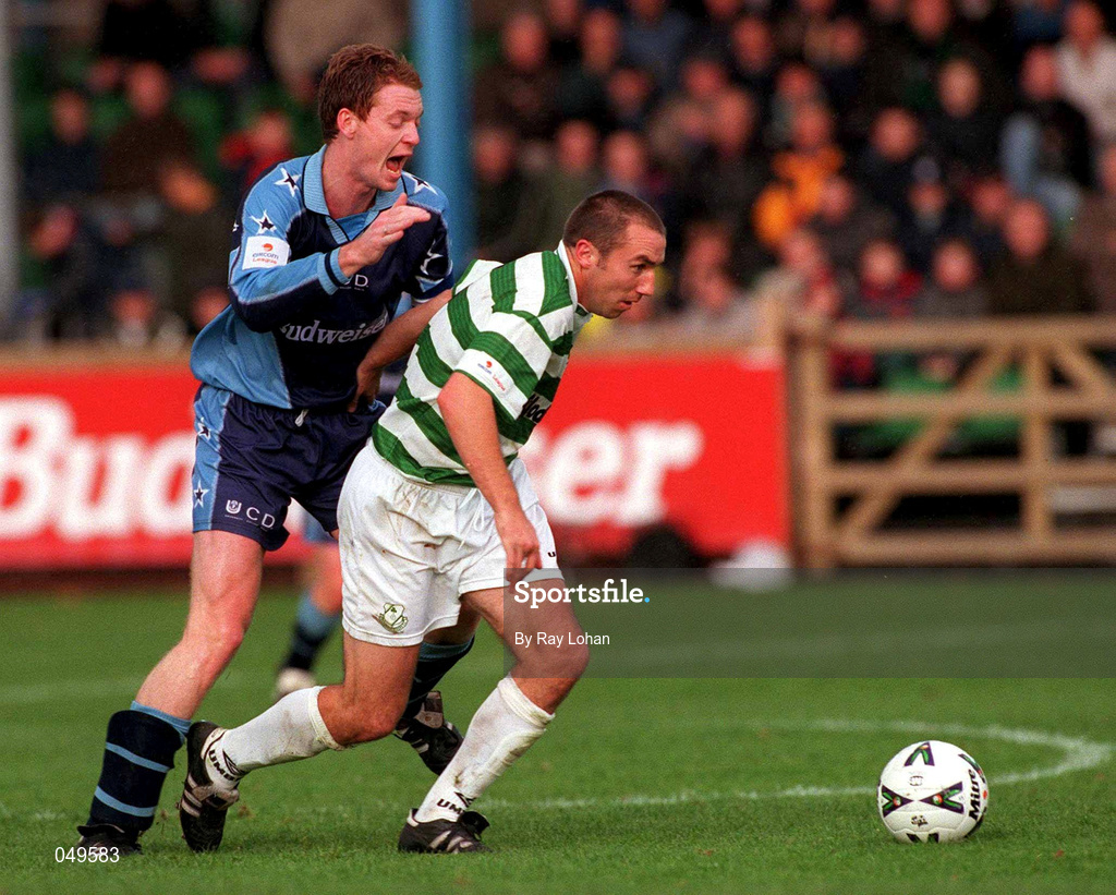 22 October 2000; Tony Grant of Shamrock Rovers in action against Tony McDonnell of UCD during the Eircom League Premier Division match between UCD and Shamrock Rovers at Belfield Park in Dublin. Photo by Ray Lohan/Sportsfile