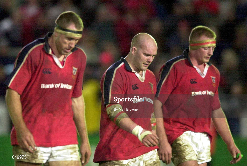 28 October 2000; Munster players, from left, John Langford, John Hayes and Mick O'Driscoll following their side's defeat during the Heineken European Cup Pool 4 Round 4 match between Bath and Munster at the Recreation Ground in Bath, England. Photo by Matt Browne/Sportsfile