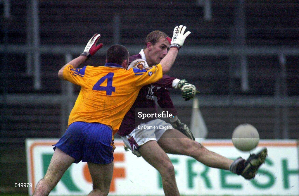 29 October 2000; Kenny Naughton of Galway in action against Ger Mockler of Roscommon during the Church & General National Football League Division 1A match between Roscommon and Galway at Dr Hyde Park in Roscommon. Photo by Damien Eagers/Sportsfile