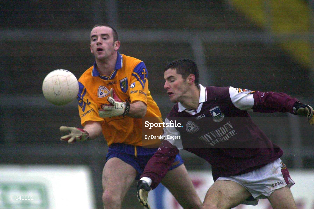 29 October 2000; Ger Mockler of Roscommon in action against Noel Meehan of Galway during the Church & General National Football League Division 1A match between Roscommon and Galway at Dr Hyde Park in Roscommon. Photo by Damien Eagers/Sportsfile