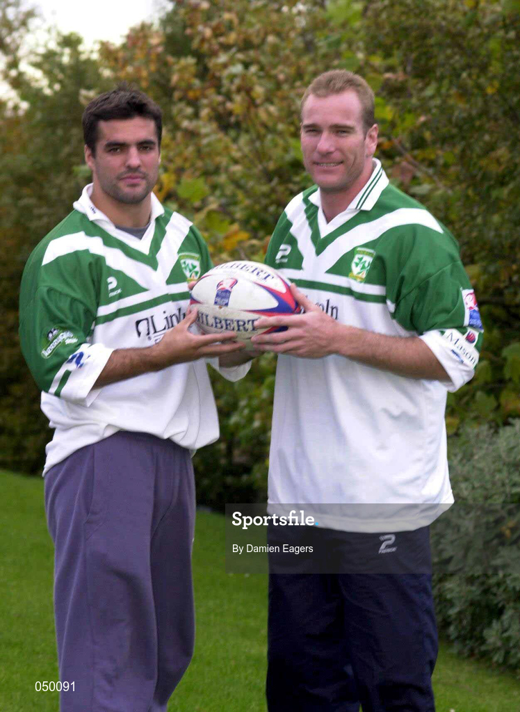 31 October 2000; Ireland players Brian Carney, left, and Ian Herron stand for a photograph prior to their Rugby League World Cup Group 4 match against Scotland at Tolka Park in Dublin on 1 November. Photo by Damien Eagers/Sportsfile