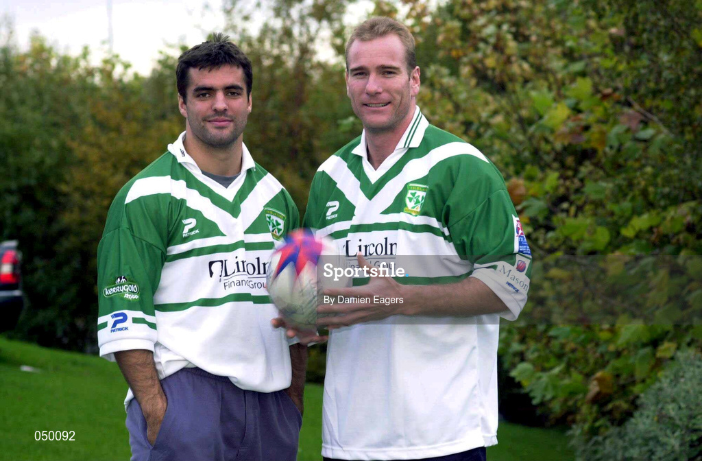 31 October 2000; Ireland players Brian Carney, left, and Ian Herron stand for a photograph prior to their Rugby League World Cup Group 4 match against Scotland at Tolka Park in Dublin on 1 November. Photo by Damien Eagers/Sportsfile