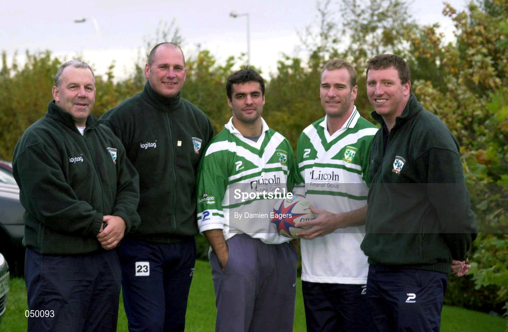 31 October 2000; Ireland players and staff, from left, coaches Steve O'Neill and Andy Kelly, Brian Carney, Ian Herron and team manager Ralph Rimmer, stand for a group photograph prior to their Rugby League World Cup Group 4 match against Scotland at Tolka Park in Dublin on 1 November. Photo by Damien Eagers/Sportsfile