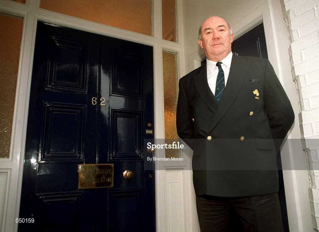 2 November 2000; President of the Irish Rugby Football Union Eddie Coleman stands for a portrait outside no.62 Lansdowne Road, the headquarters of the IRFU, in Dublin. Photo by Brendan Moran/Sportsfile