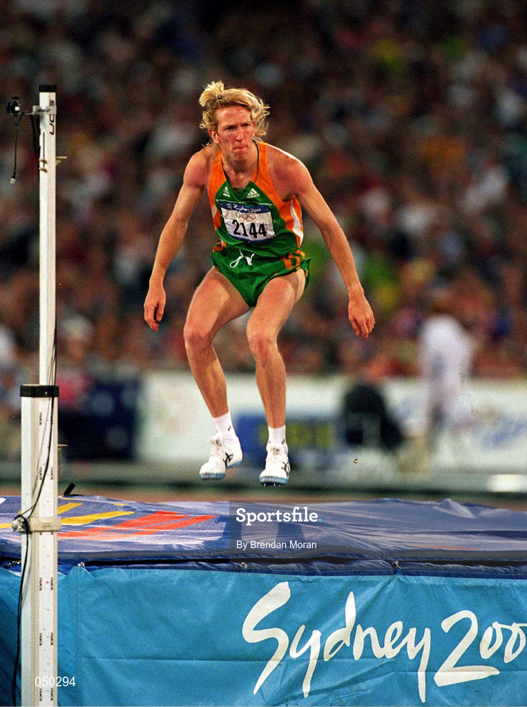 22 September 2000; Brendan Reilly of Ireland during the Men's High Jump Qualifying round at Stadium Australia in the Sydney Olympic Park in Homebush Bay, Sydney, Australia. Photo by Brendan Moran/Sportsfile