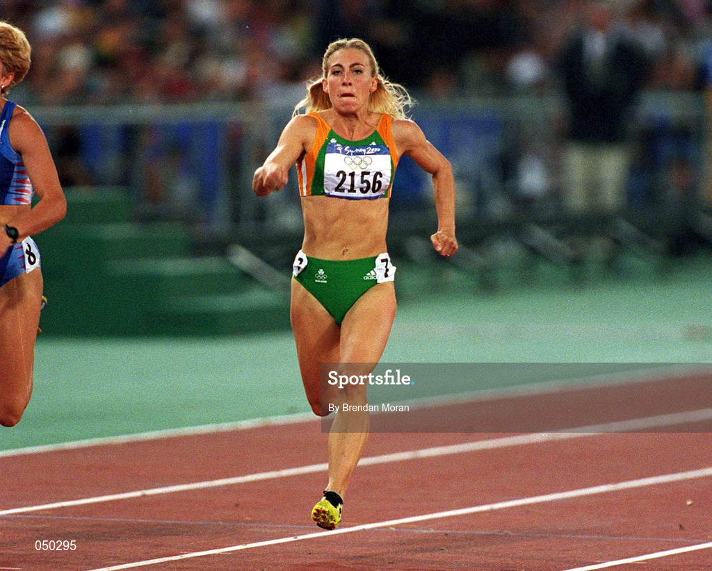 22 September 2000; Sarah Reilly of Ireland on her way to finishing third in her Women's 100m heat at Stadium Australia in the Sydney Olympic Park in Homebush Bay, Sydney, Australia. Photo by Brendan Moran/Sportsfile