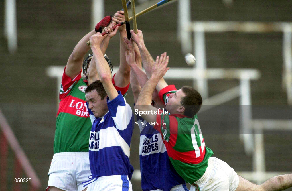 4 November 2000; Sean Hanlon and Cyril Cuddy of Castletown in action against Gary Hanniffy and Declan Pilkington of Birr during the AIB Leinster Club Hurling Championship Quarter-Final match between Castletown and Birr at O'Moore Park in Portlaoise, Laois. Photo by Ray McManus/Sportsfile