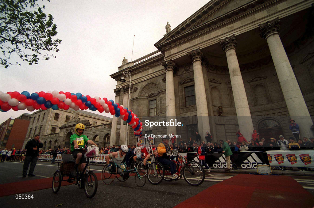 30 October 2000; A view of wheelchair athletes as they start the 2000 98FM Dublin City Marathon at the Four Courts on Inns Quay in Dublin. Photo by Brendan Moran/Sportsfile
