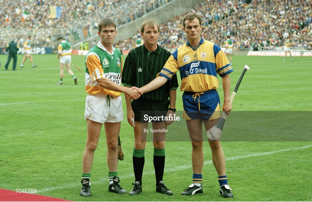 3 September 1995; Johnny Pilkington, left, Offaly captain, shakes hands with Anthony Daly, Clare captain with referee Dickie Murphy. All-Ireland Hurling Final, Clare v Offaly, Croke Park, Dublin. Picture credit; SPORTSFILE