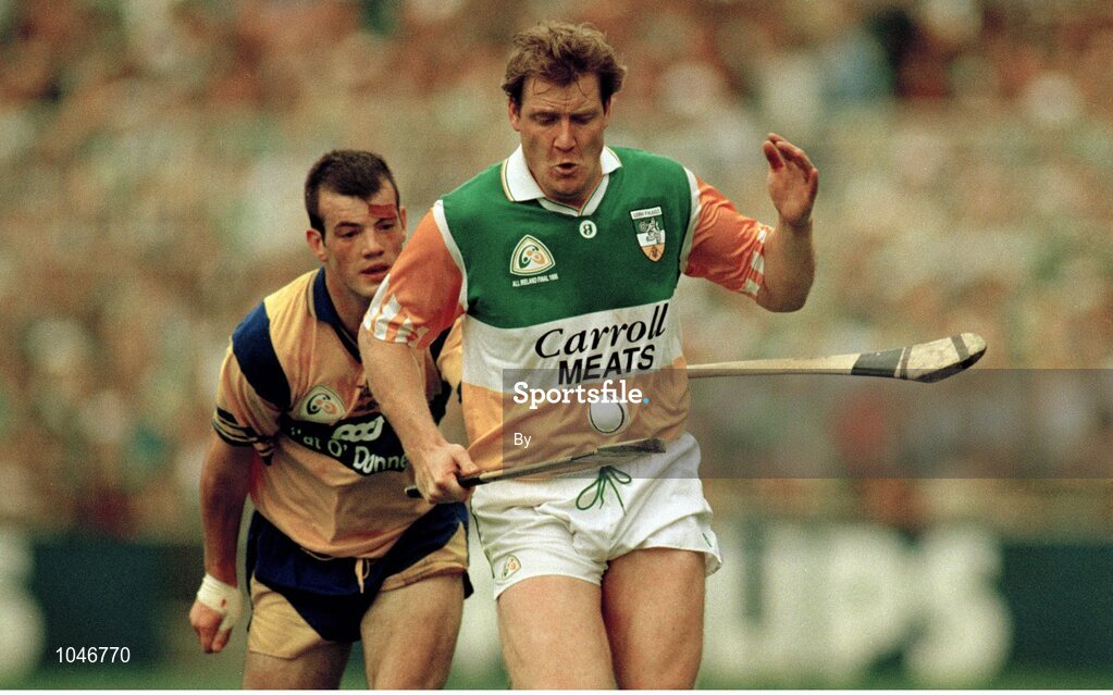 3 September 1995; Daithí Regan, Offaly, in action against Ollie Baker, Clare. All-Ireland Hurling Final, Clare v Offaly, Croke Park, Dublin. Picture credit; SPORTSFILE