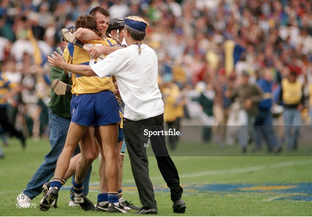 3 September 1995; Clare players Ollie Baker, facing, and P.J. O'Connell celebrate with supporters at the final whistle. All-Ireland Hurling Final, Clare v Offaly, Croke Park, Dublin. Picture credit; SPORTSFILE