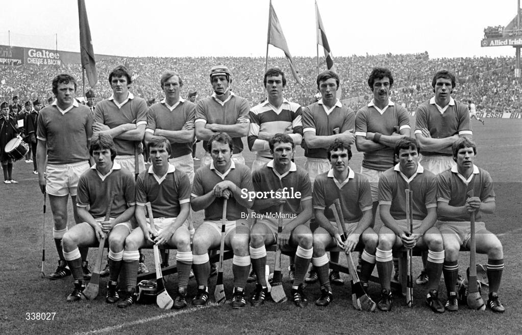 5 September 1982; Cork team, back, from left, John Crowley, Eamonn O'Donoghue, Tim Crowley, Ray Cummins, Ger Cunningham, Pat Horgan, John Buckley and Martin O'Doherty, with, front, from left, Tom Cashman, Tony O'Sullivan, Sean O'Leary, Jimmy Barry Murphy, John Blake, Brian Murphy and Dermot McCurtain before the All-Ireland Senior Hurling Championship Final match between Cork and Kilkenny at Croke Park in Dublin. Photo by Ray McManus/Sportsfile