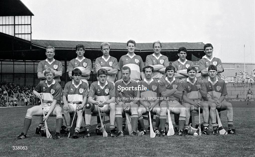 9 July 1989; The Offaly team, back, from left, Joachim Kelly, Michael Duignan, Pat Delaney Daithi Regan, Eugene Coughlan, Vincent Teehan and Aidan Fogarthy, with, front, from left, Danny Owens, Johnny Pilkington, Roy Mannion, Jim Troy, Ger Coughlan, Mark Corrigan, Martin Hanamy and Declan Pilkington before the Leinster Senior Hurling Championship Final match between Kilkenny and Offaly at Croke Park, Dublin. Photo by Ray McManus/Sportsfile