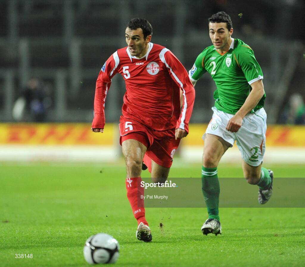 11 February 2009; David Kvirkvelia, Georgia, in action against Stephen Kelly, Republic of Ireland. 2010 FIFA World Cup Qualifier, Republic of Ireland v Georgia. Croke Park, Dublin. Picture credit: Pat Murphy / SPORTSFILE