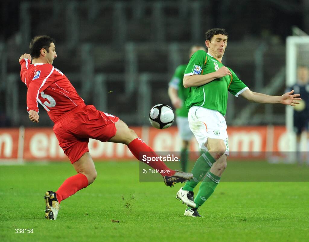 11 February 2009; Keith Andrews, Republic of Ireland, in action against Zurab Khizanishvili, Georgia. 2010 FIFA World Cup Qualifier, Republic of Ireland v Georgia. Croke Park, Dublin. Picture credit: Pat Murphy / SPORTSFILE