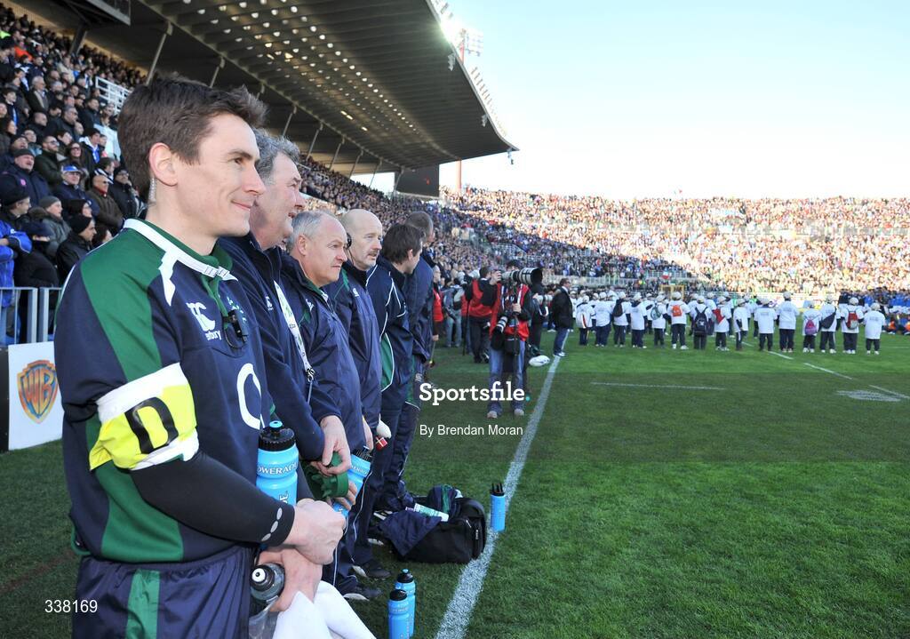 15 February 2009; Ireland team doctor Dr. Gary O'Driscoll stands with the rest of the backroom staff before the game. RBS Six Nations Championship, Italy v Ireland, Stadio Flaminio, Rome, Italy. Picture credit: Brendan Moran / SPORTSFILE