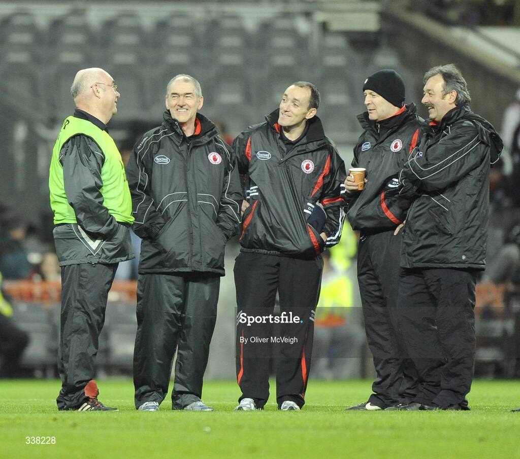 31 January 2009; Tyrone's Mickey Moynagh, Mickey Harte, Brian Dooher, Peter Quinlivan, and Tony Donnelly. Allianz National Football League, Division 1, Round 1, Dublin v Tyrone, Croke Park, Dublin. Picture credit: Oliver McVeigh / SPORTSFILE