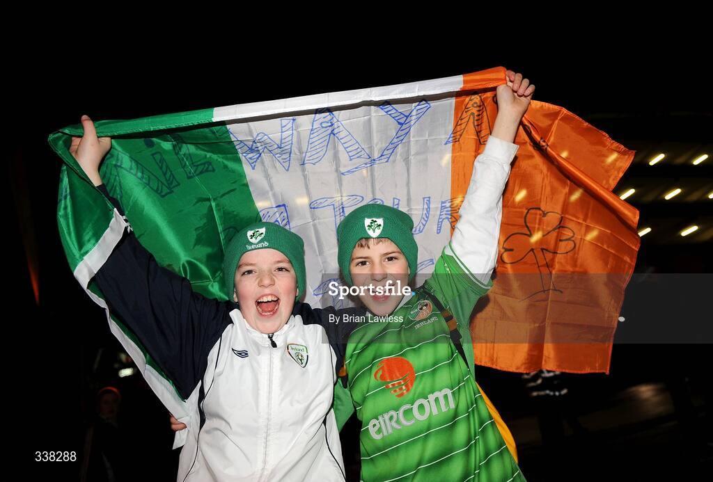 11 February 2009; Republic of Ireland fans, Glen Curtin, age 10, left, and Jason Molomby, age 9, from Co. Waterford, on their way to the match. 2010 FIFA World Cup Qualifier, Republic of Ireland v Georgia, Croke Park, Dublin. Picture credit: Brian Lawless / SPORTSFILE