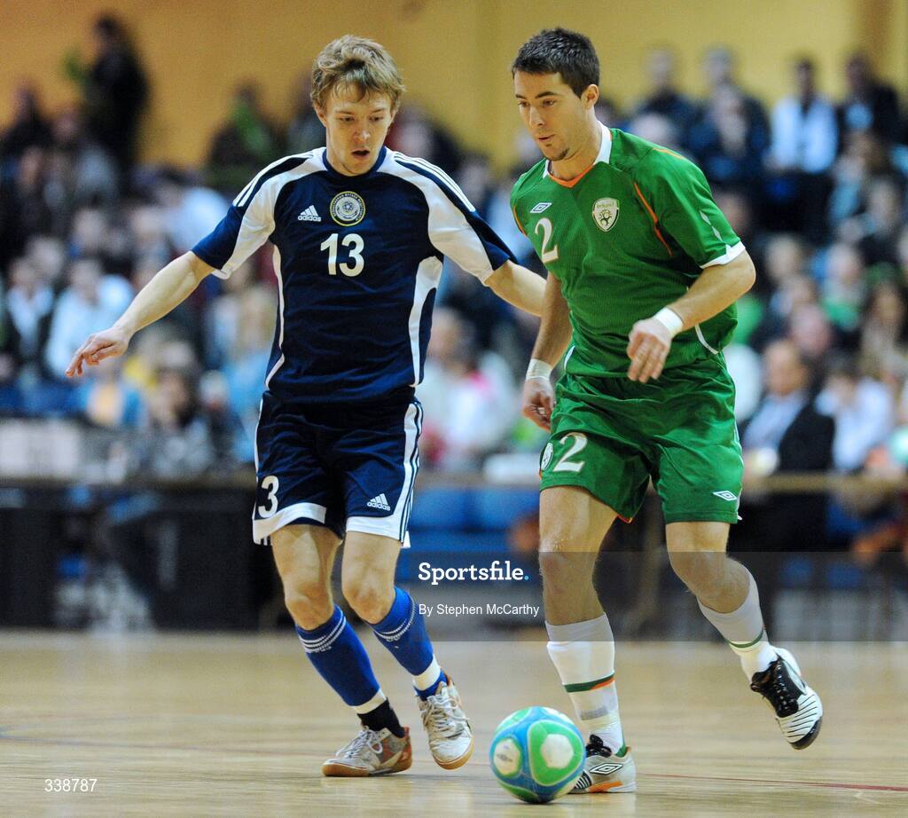 22 February 2009; Mark Langtry, Republic of Ireland, in action against Stanislav Kononenko, Kazakhstan. UEFA Futsal Championship 2010 Qualifying Tournament, Republic of Ireland v Kazakhstan. National Basketball Arena, Tallaght. Picture credit: Stephen McCarthy / SPORTSFILE