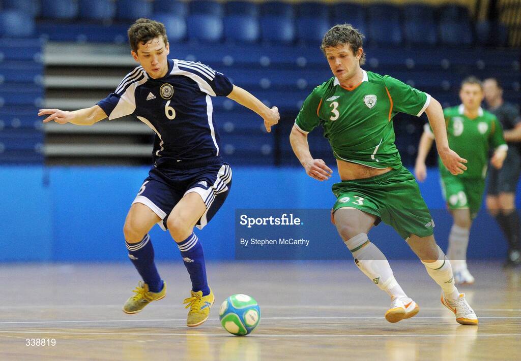 22 February 2009; Chingiz Yessenamanov, Kazakhstan, in action against Dane Massey, Republic of Ireland. UEFA Futsal Championship 2010 Qualifying Tournament, Republic of Ireland v Kazakhstan. National Basketball Arena, Tallaght. Picture credit: Stephen McCarthy / SPORTSFILE