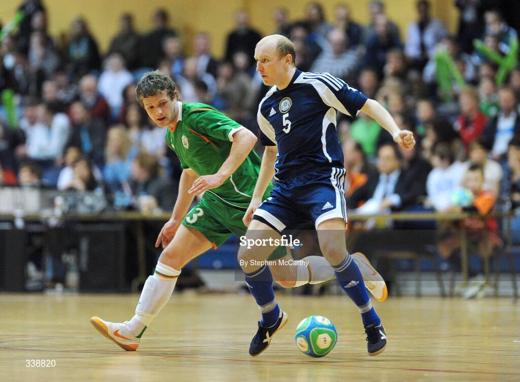22 February 2009; Alexandr Terentyev, Kazakhstan, in action against Dane Massey, Republic of Ireland. UEFA Futsal Championship 2010 Qualifying Tournament, Republic of Ireland v Kazakhstan. National Basketball Arena, Tallaght. Picture credit: Stephen McCarthy / SPORTSFILE