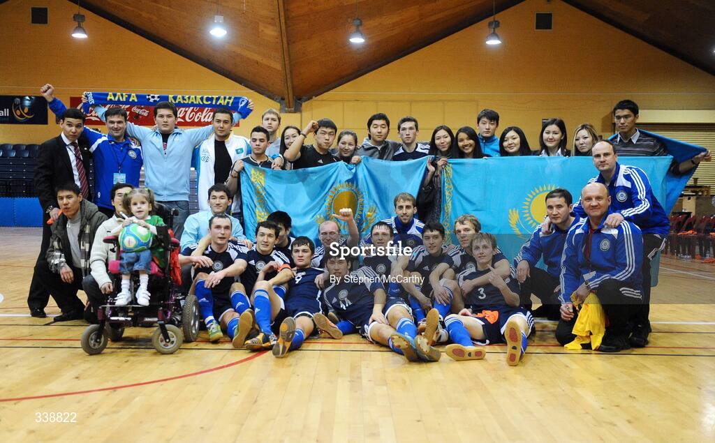 22 February 2009; The victorious Kazakhstan squad celebrate with supporters after victory in all three tournament games. UEFA Futsal Championship 2010 Qualifying Tournament, Republic of Ireland v Kazakhstan. National Basketball Arena, Tallaght. Picture credit: Stephen McCarthy / SPORTSFILE
