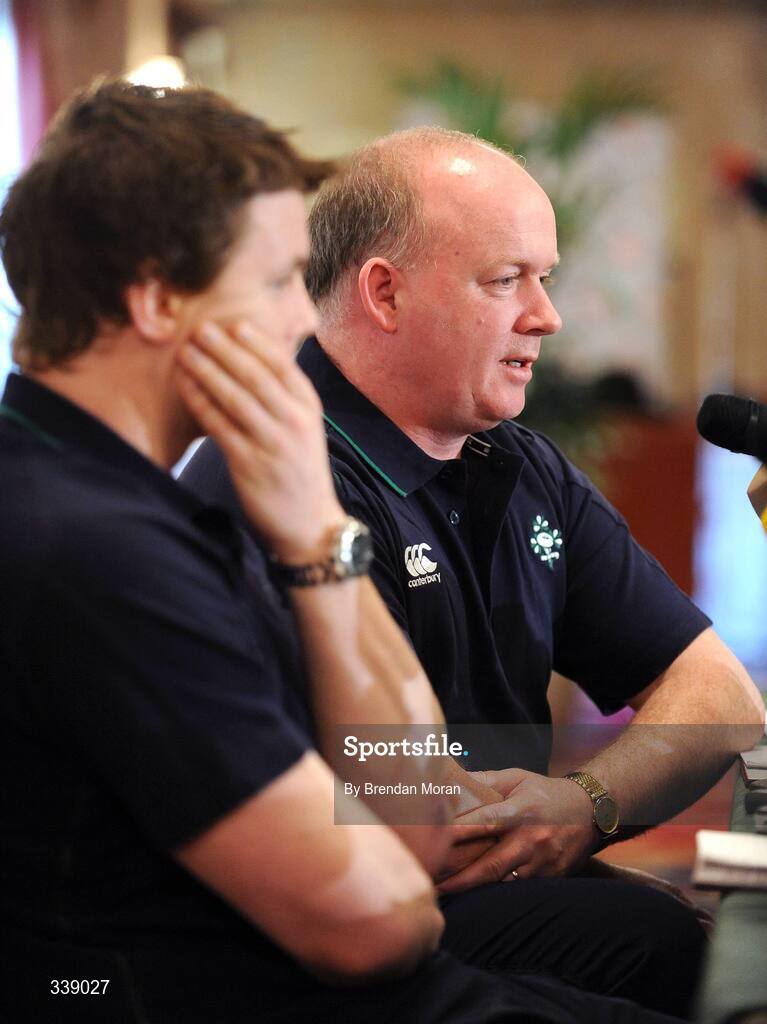 24 February 2009; Head coach Declan Kidney, right, alongside captain Brian O'Driscoll during an Ireland rugby press conference ahead of their RBS Six Nations match against England on Saturday. Fitzpatrick's Castle Hotel, Killiney, Co. Dublin. Picture credit: Brendan Moran / SPORTSFILE