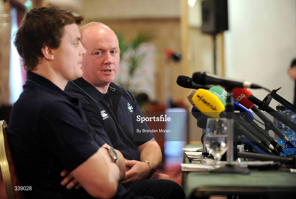 24 February 2009; Head coach Declan Kidney, right, alongside captain Brian O'Driscoll during an Ireland rugby press conference ahead of their RBS Six Nations match against England on Saturday. Fitzpatrick's Castle Hotel, Killiney, Co. Dublin. Picture credit: Brendan Moran / SPORTSFILE