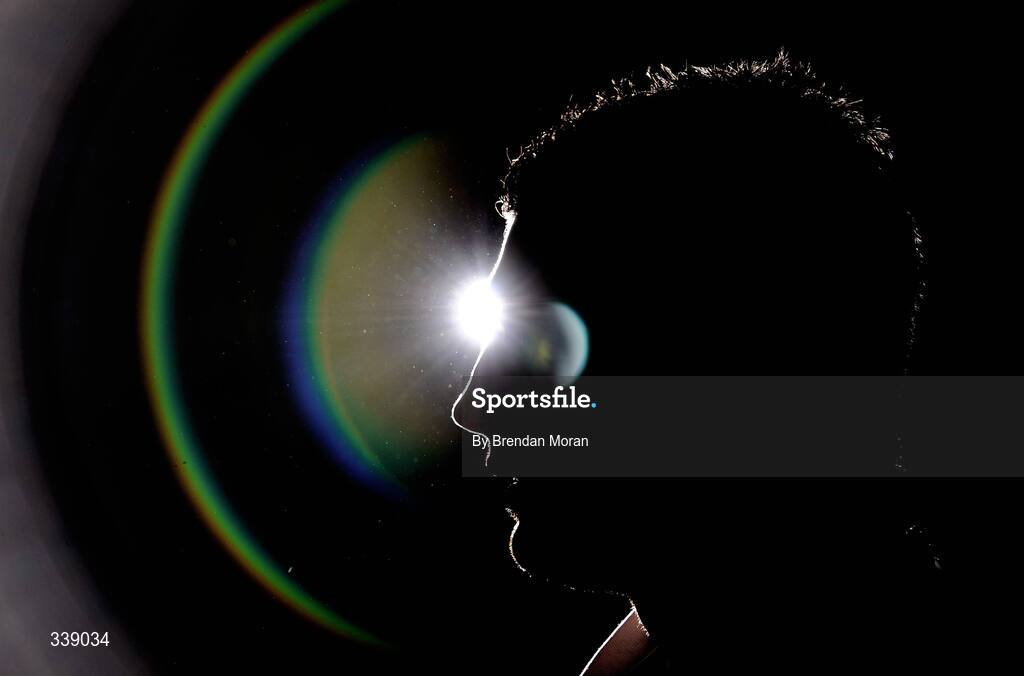24 February 2009; A spotlight reveals an unusual pattern while lighting full-back Rob Kearney during an Ireland rugby press conference ahead of their RBS Six Nations match against England on Saturday. Fitzpatrick's Castle Hotel, Killiney, Co. Dublin. Picture credit: Brendan Moran / SPORTSFILE