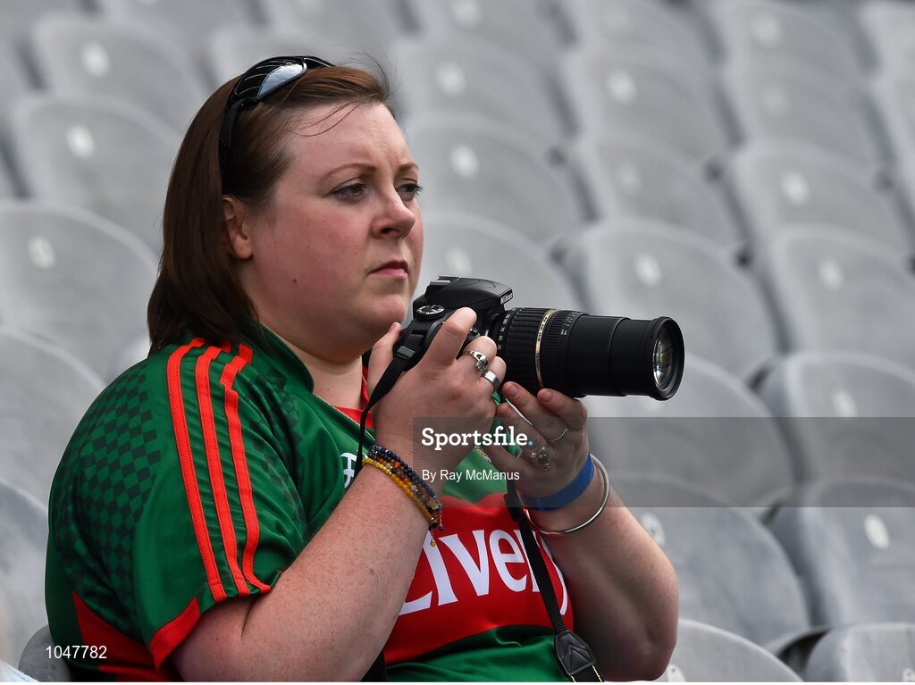 30 August 2015; A Mayo supporter in the Cusack stand prepares to capture some of the action. GAA Football All-Ireland Senior Championship, Semi-Final, Dublin v Mayo, Croke Park, Dublin. Picture credit: Ray McManus / SPORTSFILE