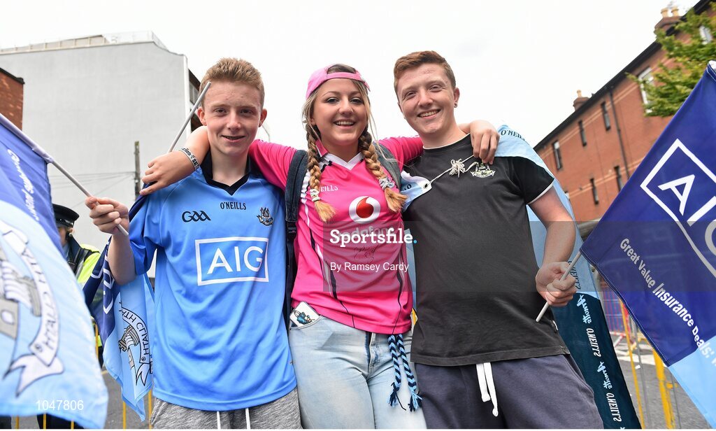 30 August 2015; Dublin supporters Keith, Caroline and Evan Murray, from Donnycarney, Co. Dublin. GAA Football All-Ireland Senior Championship, Semi-Final, Dublin v Mayo, Croke Park, Dublin. Picture credit: Ramsey Cardy / SPORTSFILE