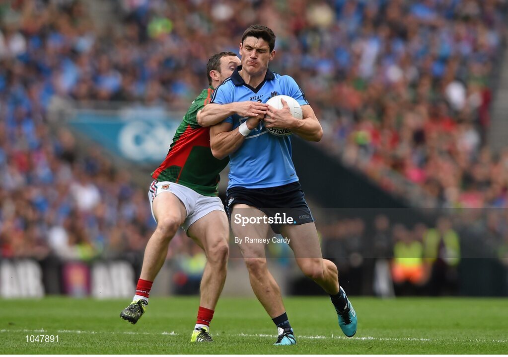 30 August 2015; Diarmuid Connolly, Dublin, is tackled by Keith Higgins, Mayo. GAA Football All-Ireland Senior Championship, Semi-Final, Dublin v Mayo, Croke Park, Dublin. Picture credit: Ramsey Cardy / SPORTSFILE