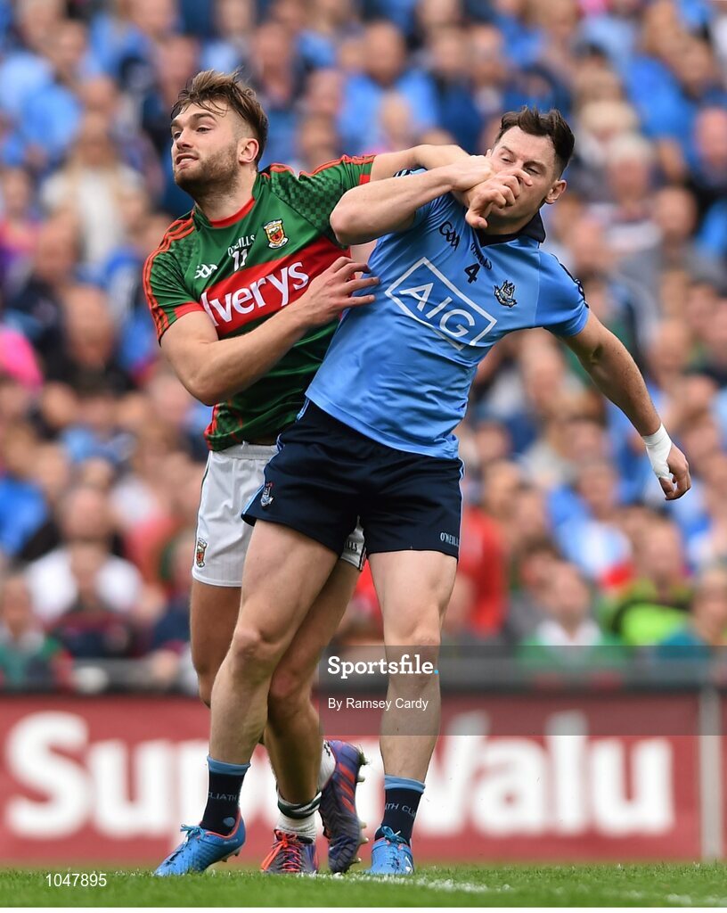 30 August 2015; Aidan O'Shea, Mayo, tussles with Philly McMahon, Dublin off the ball. GAA Football All-Ireland Senior Championship, Semi-Final, Dublin v Mayo, Croke Park, Dublin. Picture credit: Ramsey Cardy / SPORTSFILE