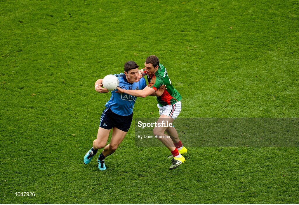 30 August 2015; Diarmuid Connolly, Dublin, in action against Keith Higgins, Mayo. GAA Football All-Ireland Senior Championship, Semi-Final, Dublin v Mayo, Croke Park, Dublin. Picture credit: Dáire Brennan / SPORTSFILE