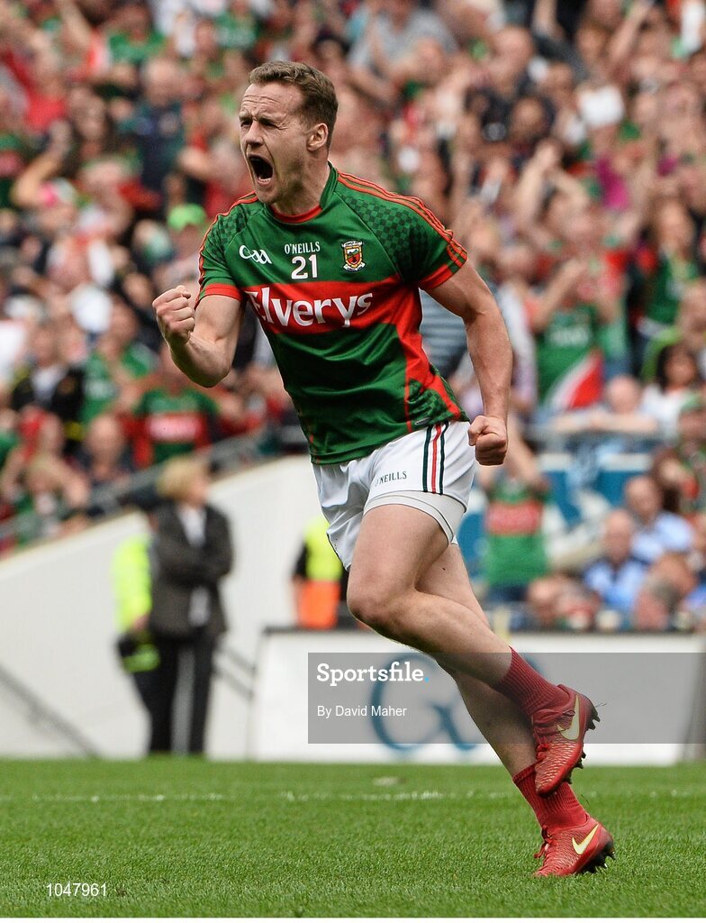 30 August 2015; Andy Moran, Mayo, celebrates after scoring his side's equalising point. GAA Football All-Ireland Senior Championship, Semi-Final, Dublin v Mayo, Croke Park, Dublin. Picture credit: David Maher / SPORTSFILE