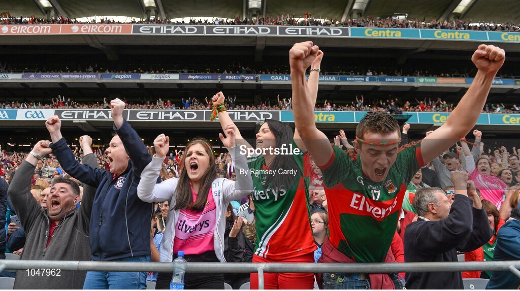 30 August 2015; Mayo supporters celebrate a penalty by Cillian O'Connor. GAA Football All-Ireland Senior Championship, Semi-Final, Dublin v Mayo, Croke Park, Dublin. Picture credit: Ramsey Cardy / SPORTSFILE