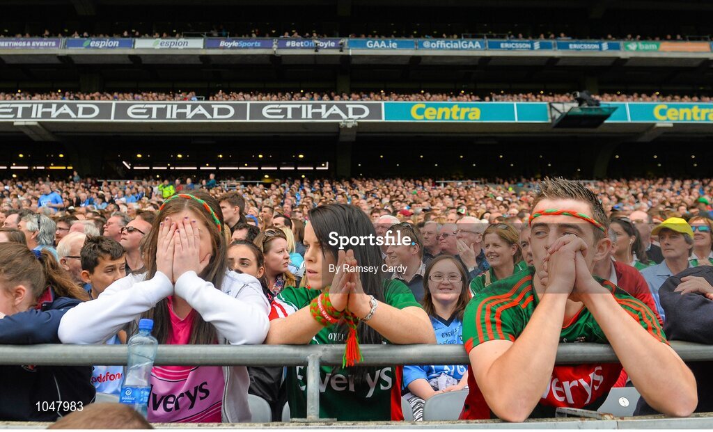 30 August 2015; Mayo supporters prepare for a penalty by Cillian O'Connor. GAA Football All-Ireland Senior Championship, Semi-Final, Dublin v Mayo, Croke Park, Dublin. Picture credit: Ramsey Cardy / SPORTSFILE
