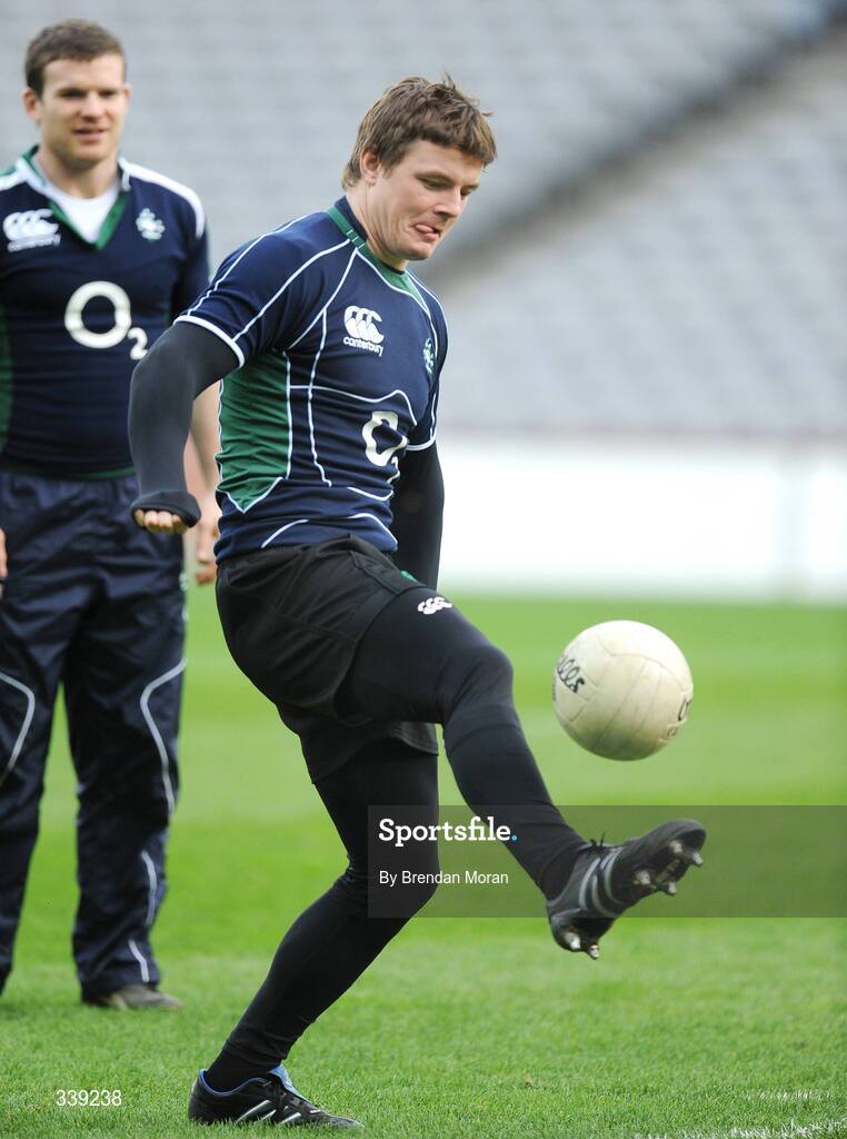 27 February 2009; Captain Brian O'Driscoll with a gaelic football during the Ireland squad Captain's Run ahead of their RBS Six Nations Championship game against England on Saturday. Croke Park, Dublin. Picture credit: Brendan Moran / SPORTSFILE *** Local Caption ***