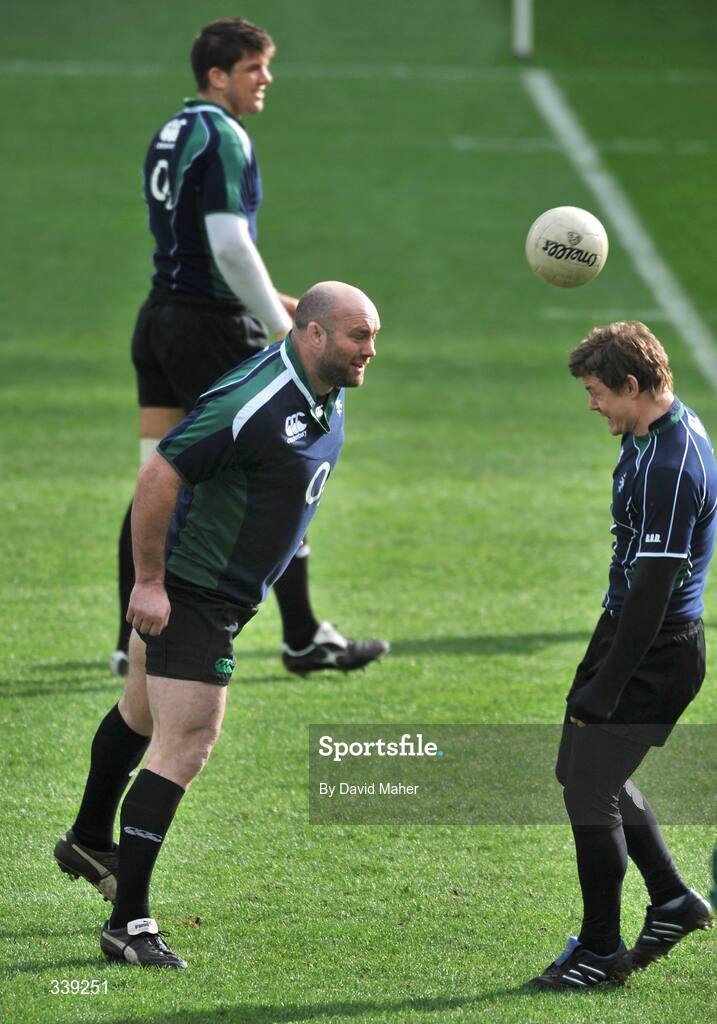 27 February 2009; Prop John Hayes heads a gaelic football over team captain Brian O'Driscoll during the Ireland squad Captain's Run ahead of their RBS Six Nations Championship game against England on Saturday. Croke Park, Dublin. Picture credit: David Maher / SPORTSFILE *** Local Caption ***