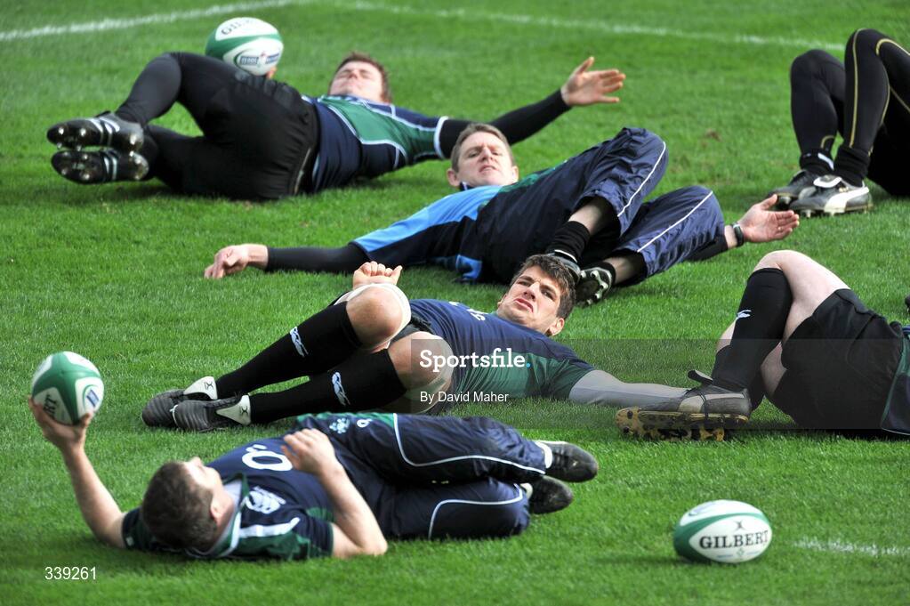 27 February 2009; Lock Donncha O'Callaghan, centre, warms-up alongside his team-mates during the Ireland squad Captain's Run ahead of their RBS Six Nations Championship game against England on Saturday. Croke Park, Dublin. Picture credit: David Maher / SPORTSFILE *** Local Caption ***