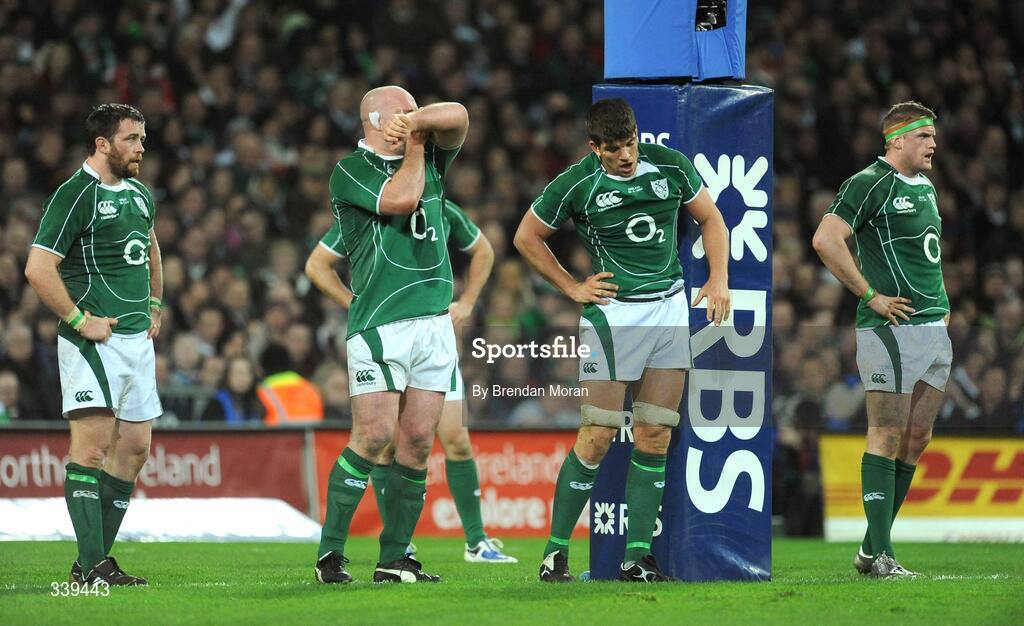 28 February 2009; Ireland players, from left, Marcus Horan, Joh Hayes, Donncha O'Callaghan and Jamie Heaslip await a penalty by Toby Flood, England. RBS Six Nations Rugby Championship, Ireland v England, Croke Park, Dublin. Picture credit: Brendan Moran / SPORTSFILE
