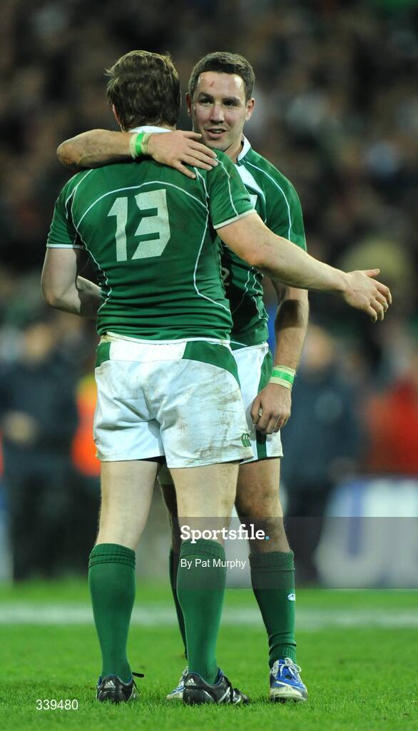 28 February 2009; Ireland's Brian O'Driscoll, 13, and Paddy Wallace celebrate at the final whistle. RBS Six Nations Rugby Championship, Ireland v England, Croke Park, Dublin. Picture credit: Pat Murphy / SPORTSFILE