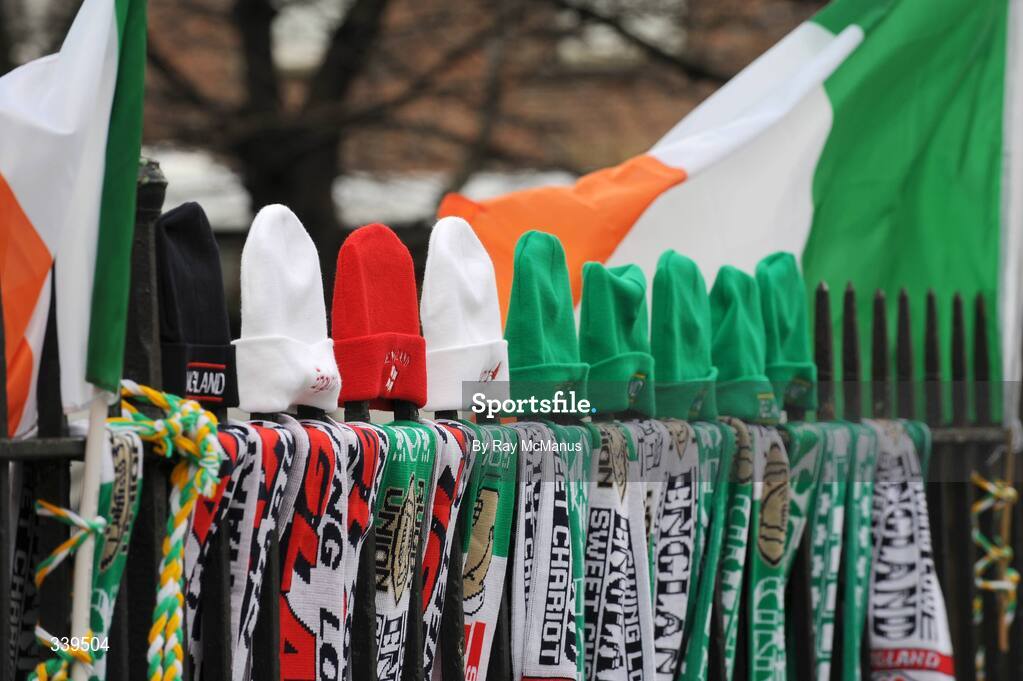 28 February 2009; Hats, scarfs and flags of both sides on sale. RBS Six Nations Rugby Championship, Ireland v England, Croke Park, Dublin. Picture credit: Ray McManus / SPORTSFILE