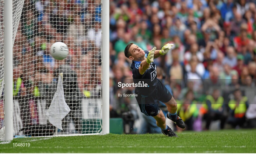 30 August 2015; Dublin goalkeeper Stephen Cluxton is beaten by a penalty from Mayo's Cillian O'Connor. GAA Football All-Ireland Senior Championship, Semi-Final, Dublin v Mayo, Croke Park, Dublin. Photo by Sportsfile