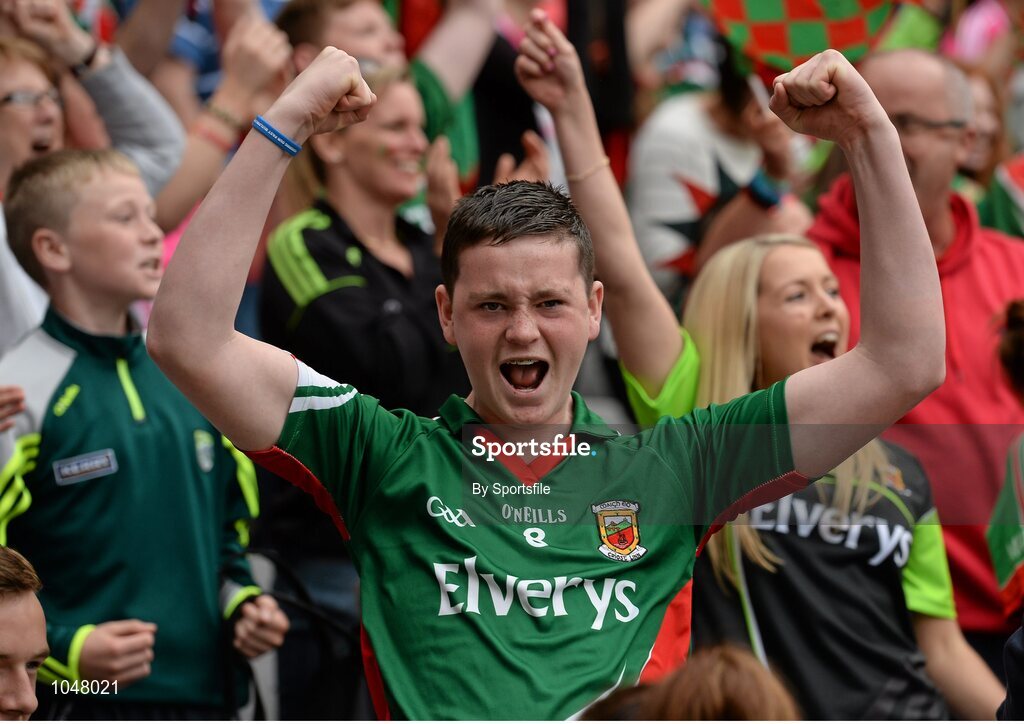 30 August 2015; A Mayo fan celebrates their side's equalizing point near the end of the game. GAA Football All-Ireland Senior Championship, Semi-Final, Dublin v Mayo, Croke Park, Dublin. Photo by Sportsfile