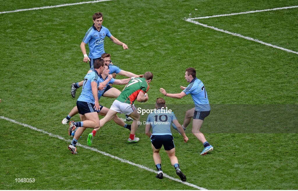 30 August 2015; Colm Boyle, Mayo, is fouled which resulted in a penalty for Mayo. GAA Football All-Ireland Senior Championship, Semi-Final, Dublin v Mayo, Croke Park, Dublin. Picture credit: Dáire Brennan / SPORTSFILE