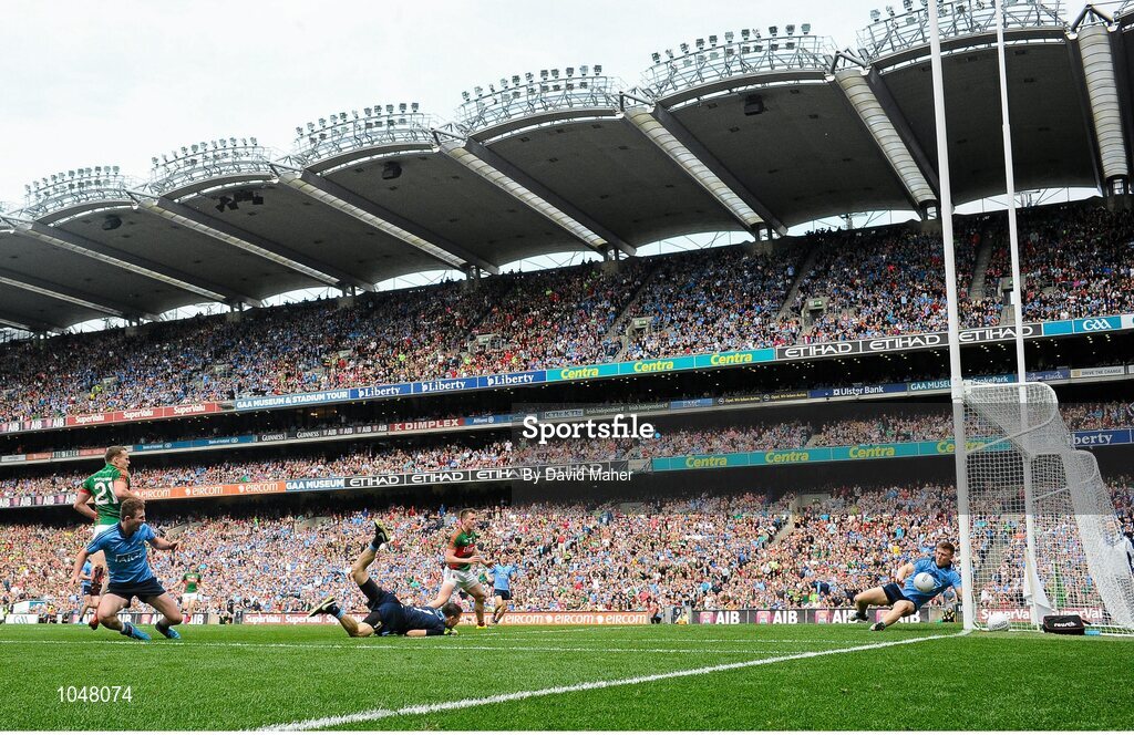 30 August 2015; John Small, Dublin, makes a save on the line from a shot from Andy Moran, left , Mayo. GAA Football All-Ireland Senior Championship, Semi-Final, Dublin v Mayo, Croke Park, Dublin. Picture credit: David Maher / SPORTSFILE
