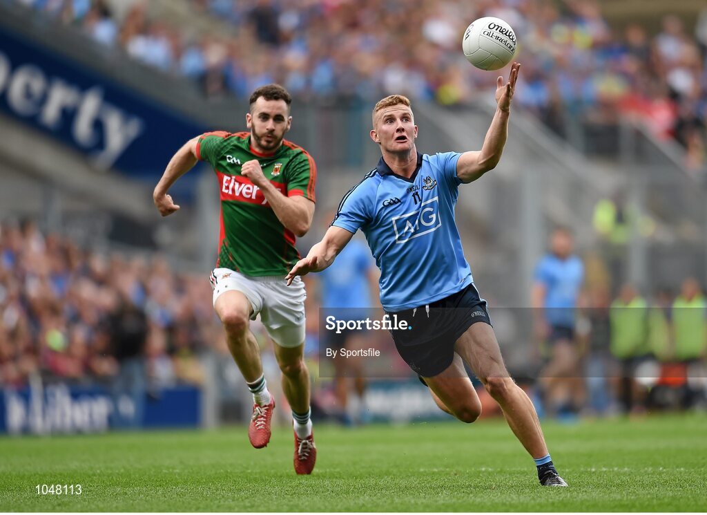 30 August 2015; Ciaran Kilkenny, Dublin, in action against David Drake, Mayo. GAA Football All-Ireland Senior Championship, Semi-Final, Dublin v Mayo, Croke Park, Dublin. Photo by Sportsfile